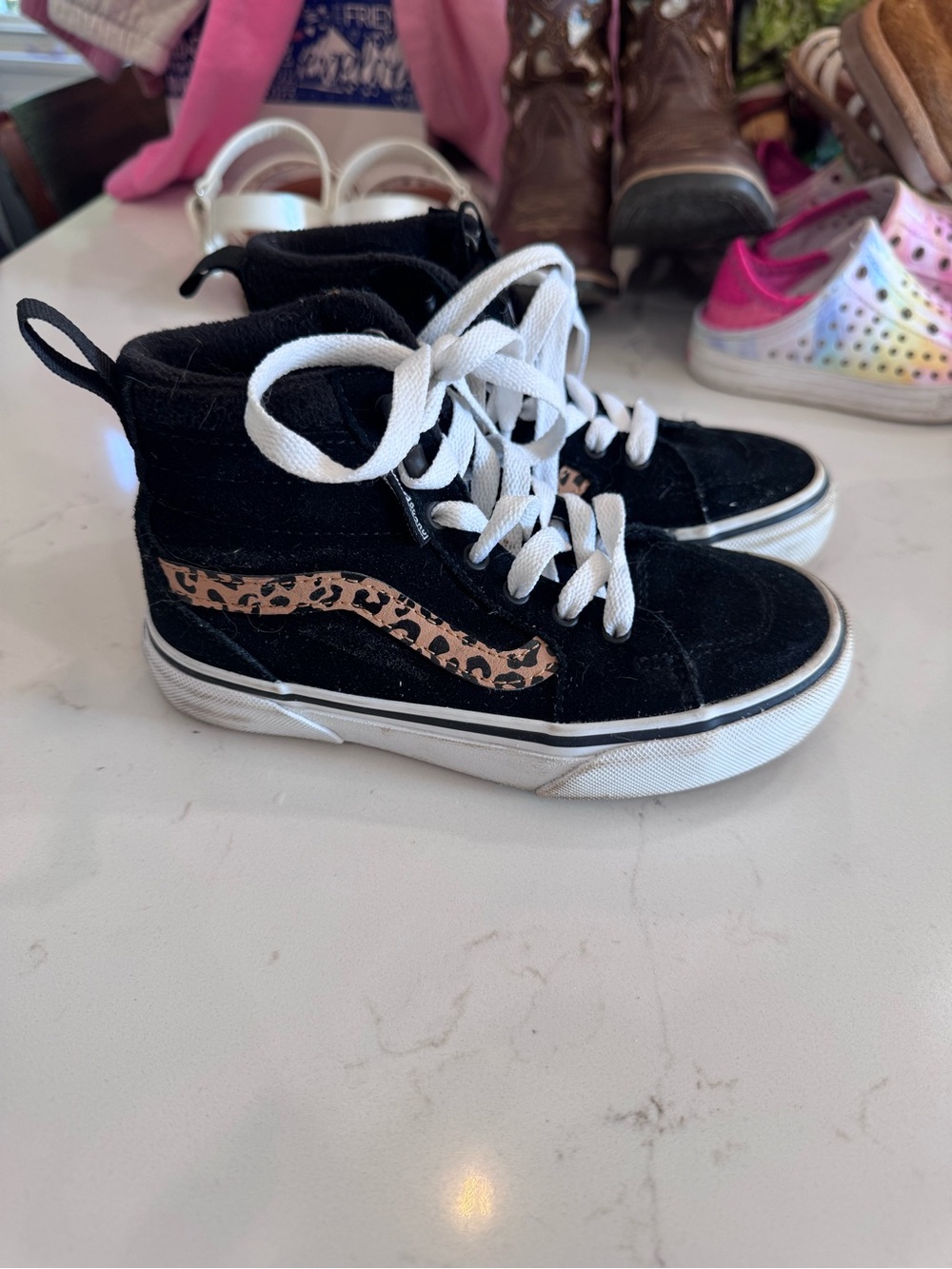 Vans Kids Black High-Top Sneakers with Leopard Side Stripe